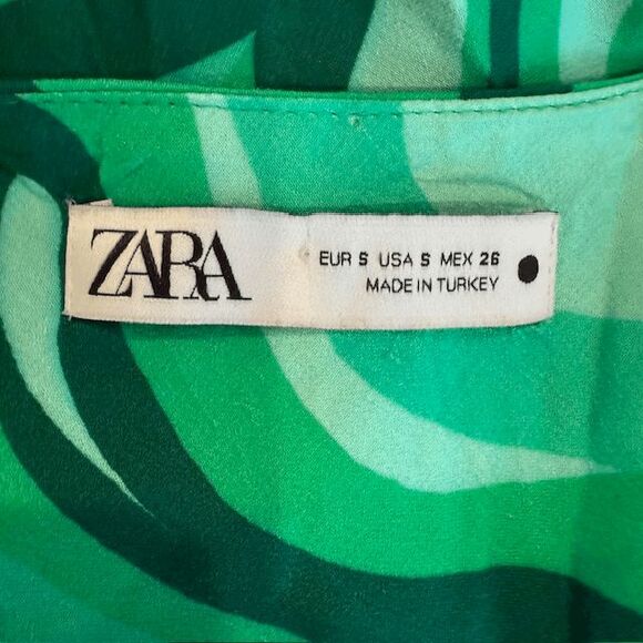 ZARA Slip Dress Draped Neck Spaghetti Strap Satin Green Swirl Print Size Small - Picture 5 of 8